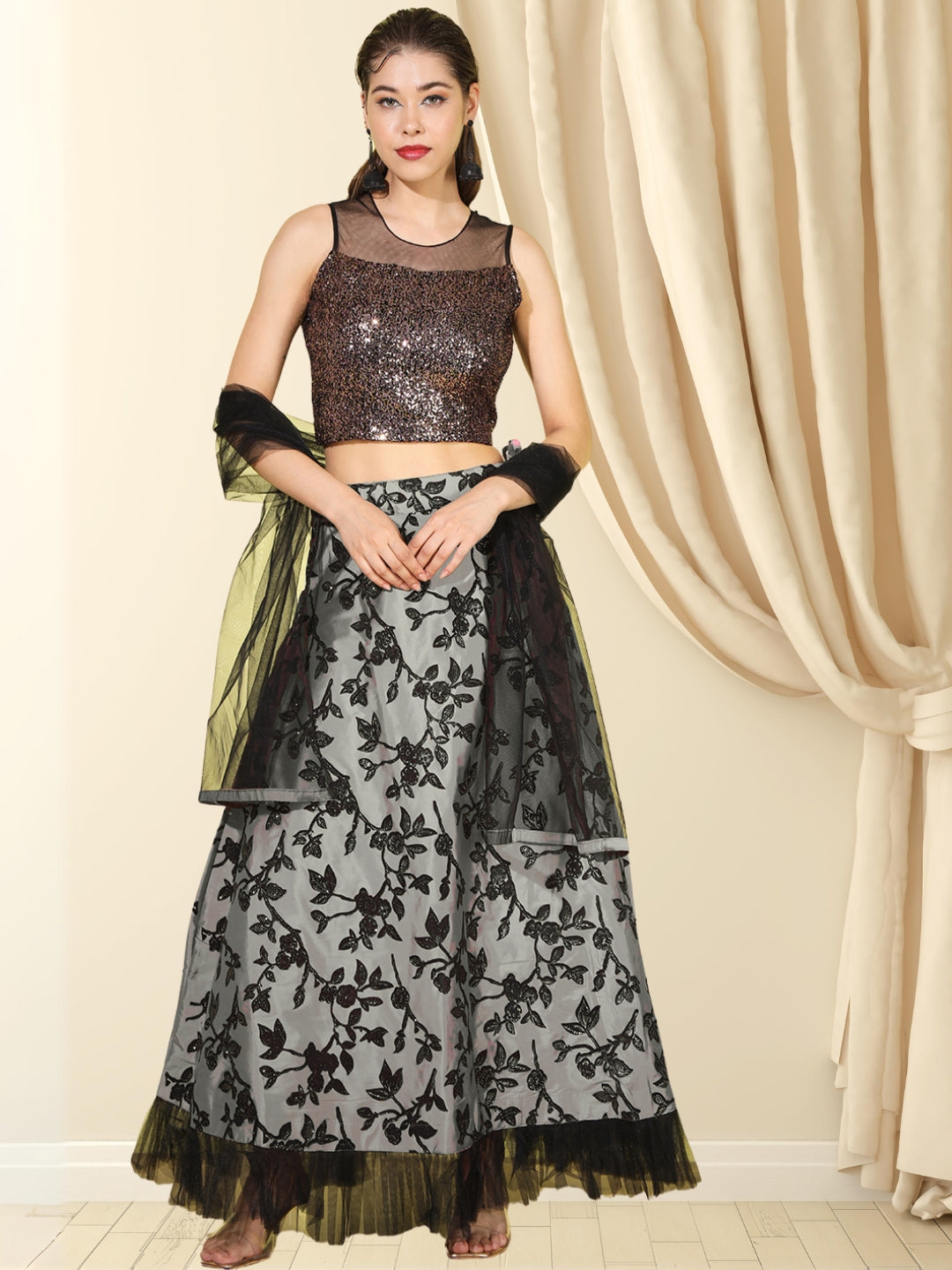 Grey Sequinned Crop-Top Lehenga Set with Sheer Net shoulders