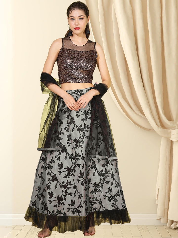 Grey Sequinned Crop-Top Lehenga Set with Sheer Net shoulders