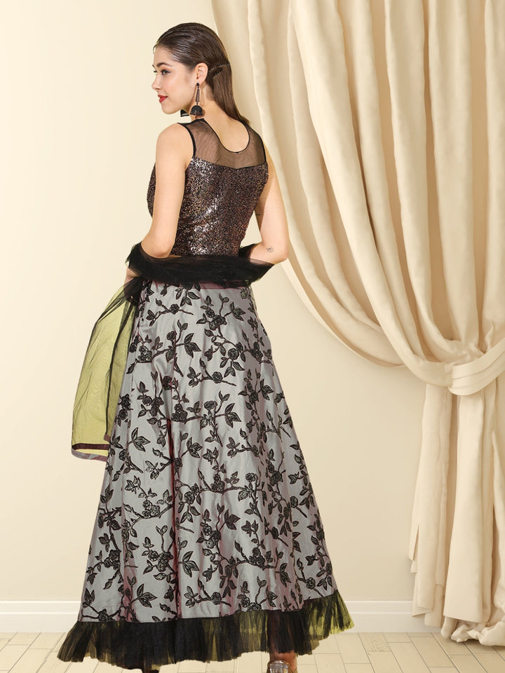 Grey Sequinned Crop-Top Lehenga Set with Sheer Net shoulders