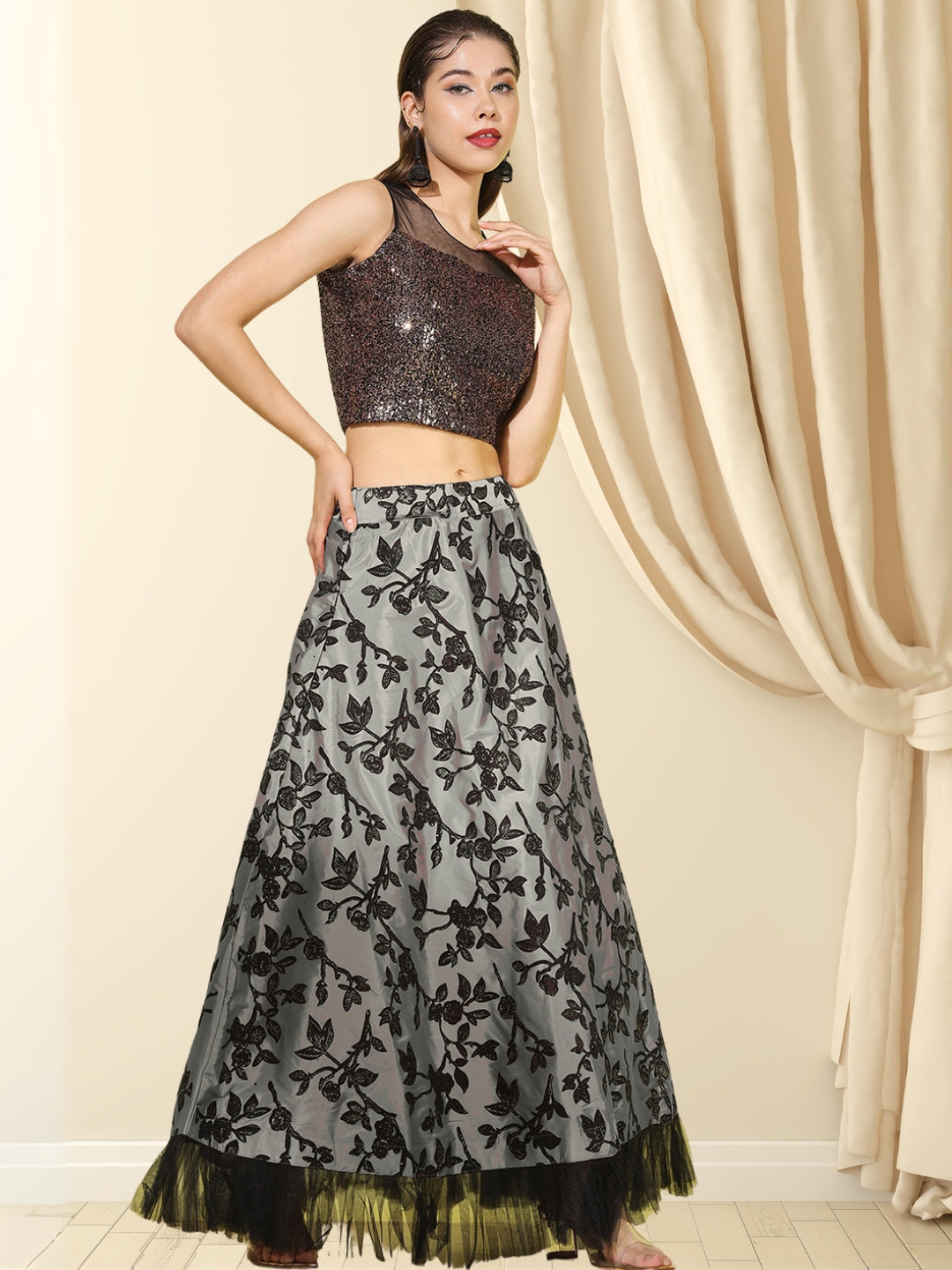 Grey Sequinned Crop-Top Lehenga Set with Sheer Net shoulders