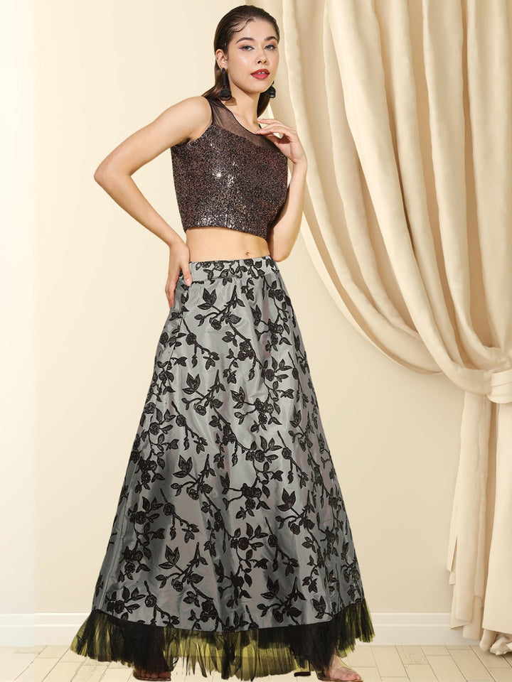 Grey Sequinned Crop-Top Lehenga Set with Sheer Net shoulders