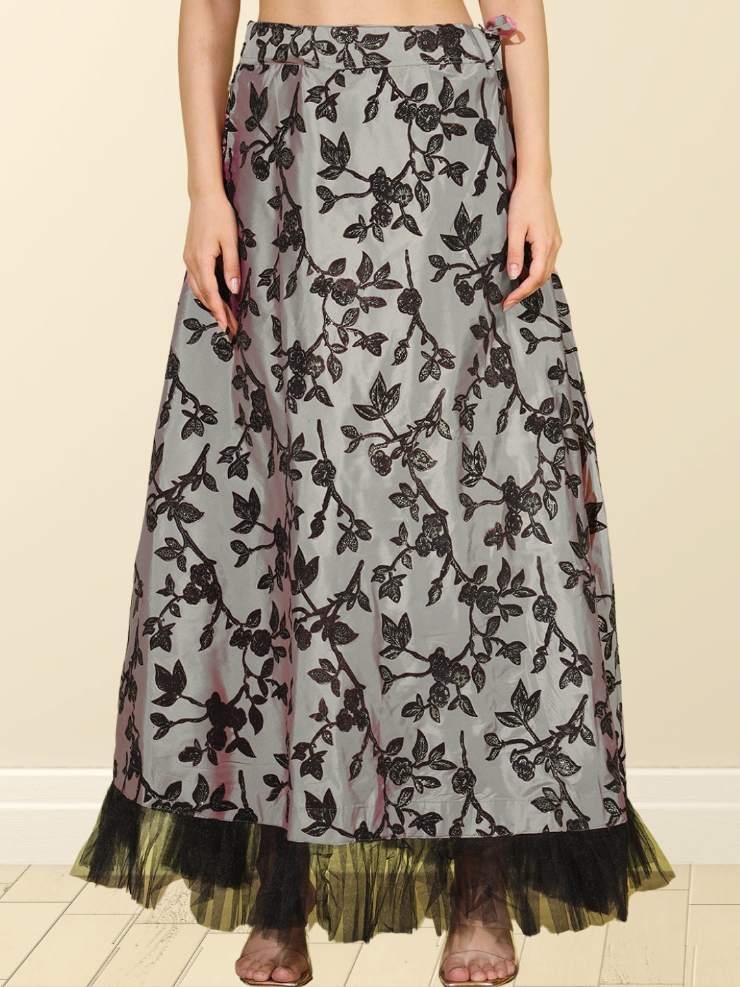 Grey Sequinned Crop-Top Lehenga Set with Sheer Net shoulders
