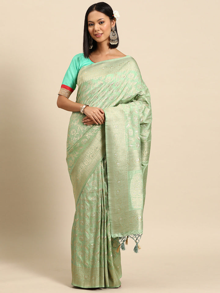 Pastel Sea Green Paisley Motifs Zari Handloom Jute Silk Saree