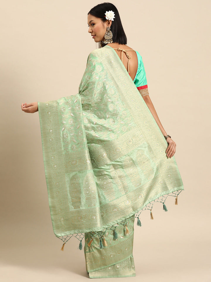 Pastel Sea Green Paisley Motifs Zari Handloom Jute Silk Saree