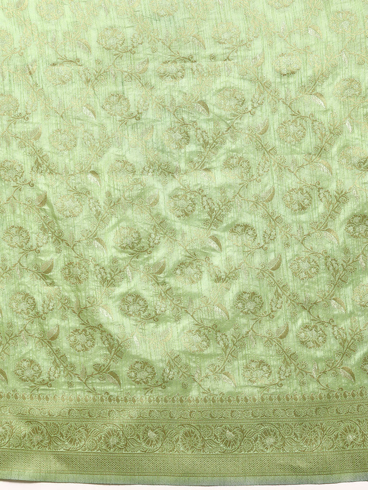 Pastel Sea Green Paisley Motifs Zari Handloom Jute Silk Saree