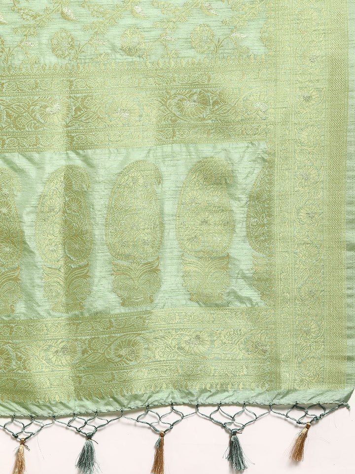 Pastel Sea Green Paisley Motifs Zari Handloom Jute Silk Saree