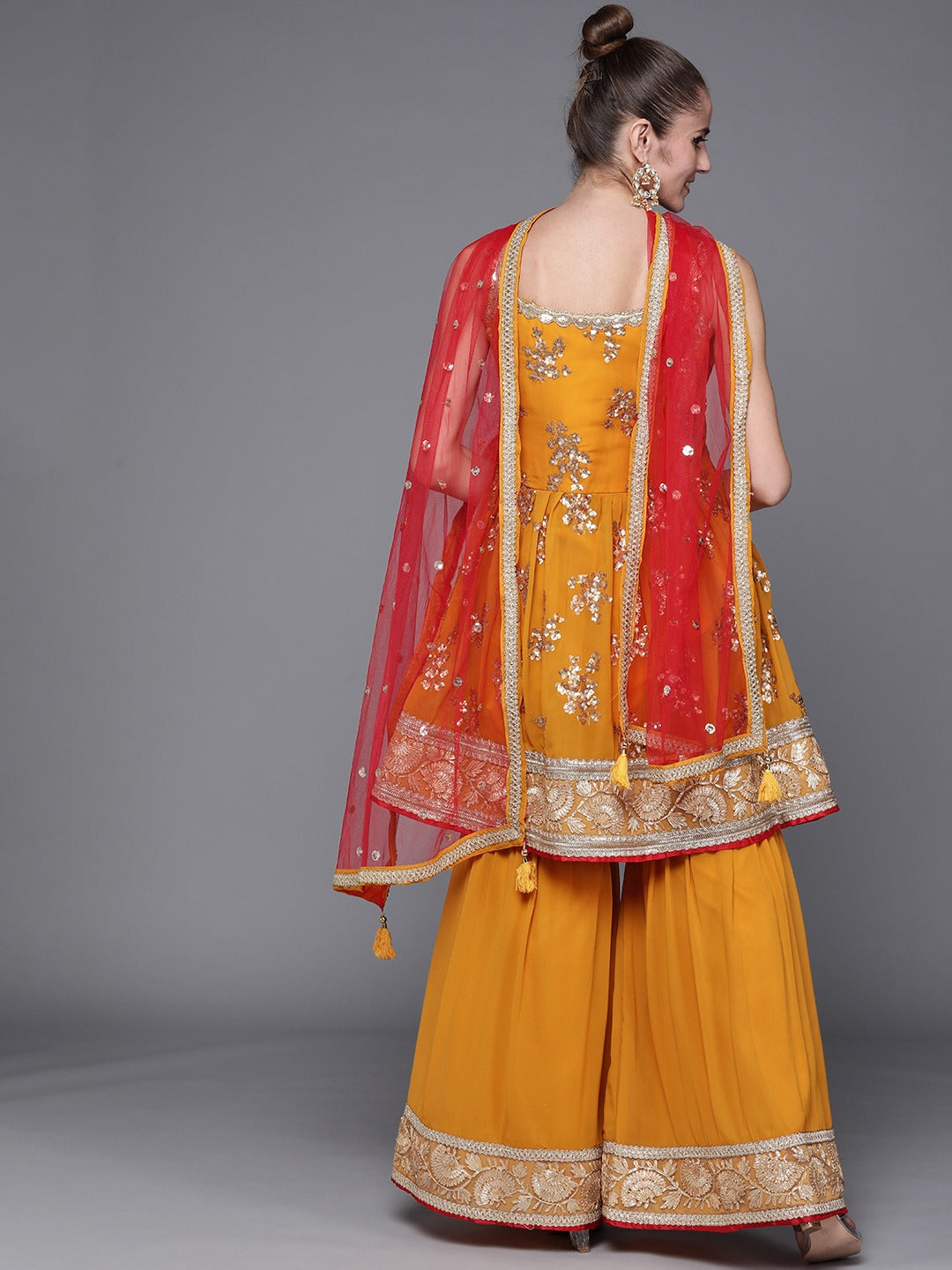 Made to Measure Peplum Sequence Embellished  Sharara Suit Set With Contrast Net Dupatta
