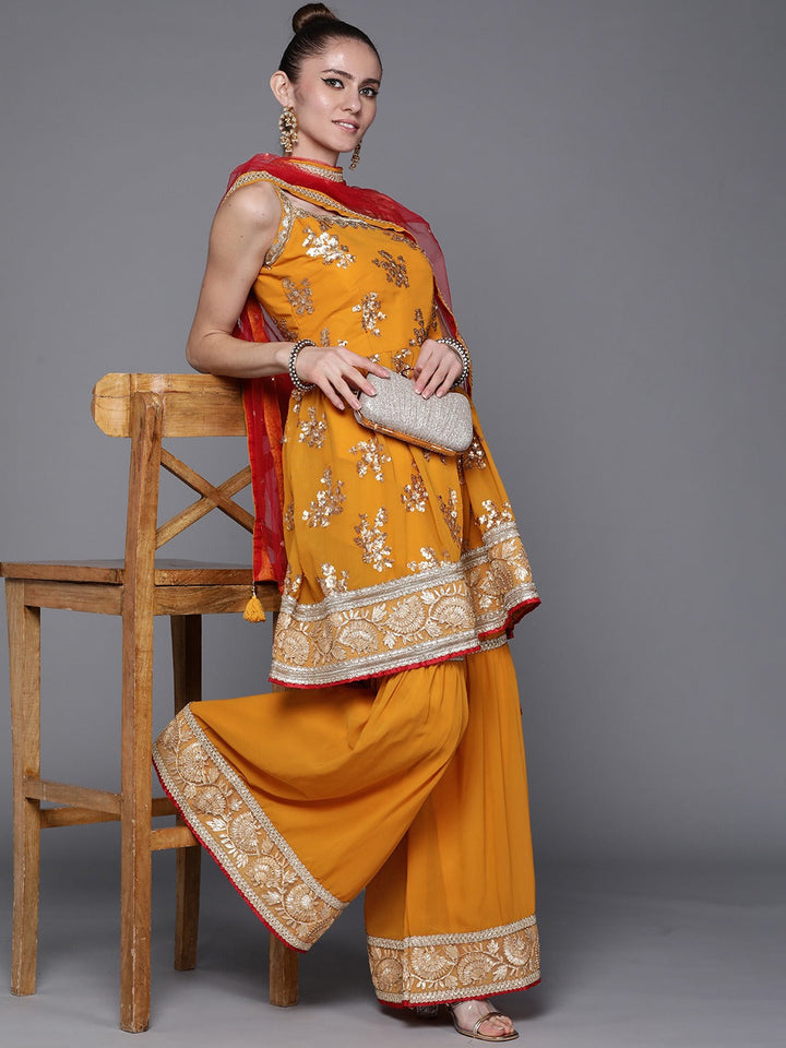 Made to Measure Peplum Sequence Embellished  Sharara Suit Set With Contrast Net Dupatta