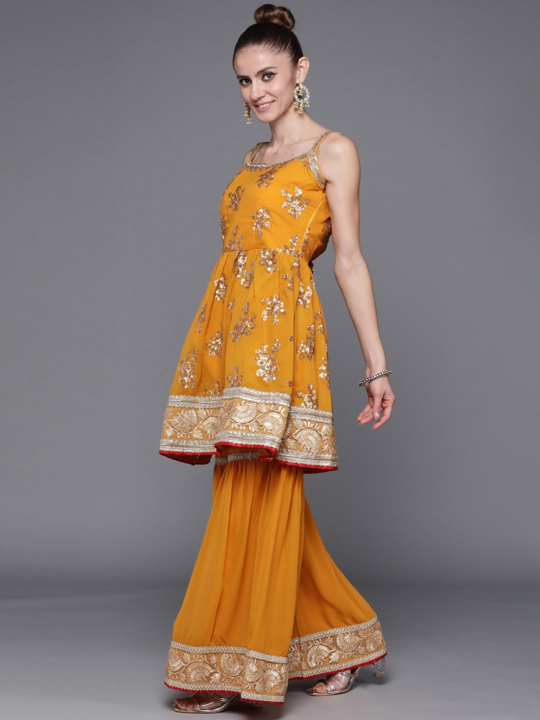 Made to Measure Peplum Sequence Embellished  Sharara Suit Set With Contrast Net Dupatta