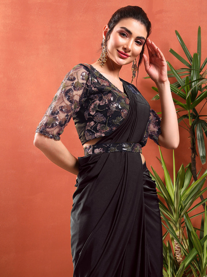 Pre-Stitched Draped Saree with Sequin Cut-Dana Embroidery Blouse & Embellished Belt