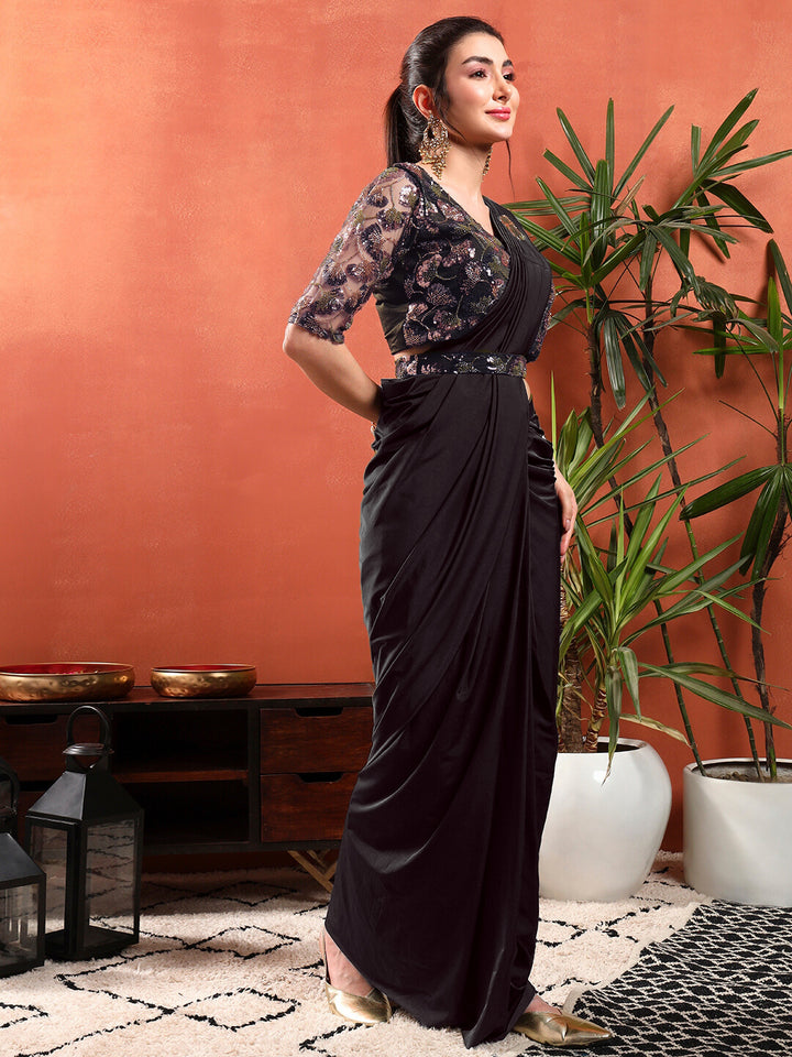 Pre-Stitched Draped Saree with Sequin Cut-Dana Embroidery Blouse & Embellished Belt