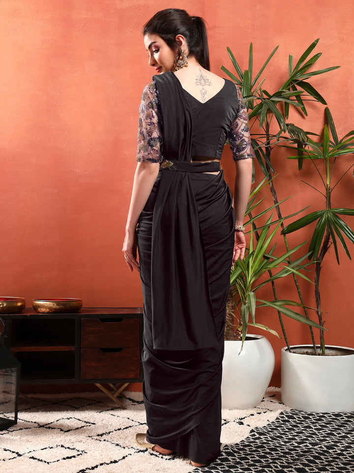 Pre-Stitched Draped Saree with Sequin Cut-Dana Embroidery Blouse & Embellished Belt