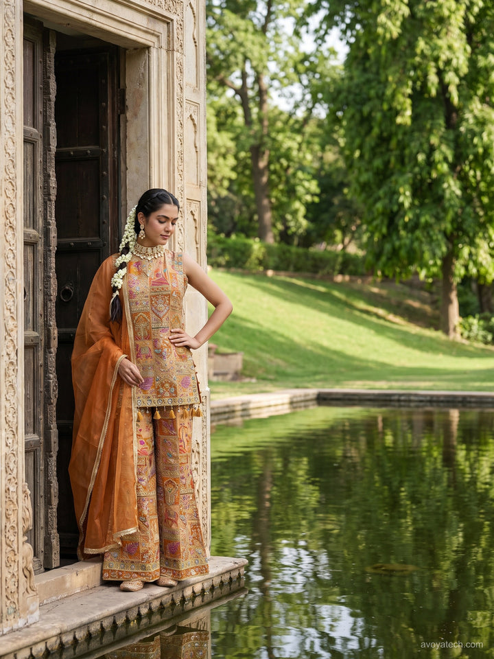 Multicolor Embroidered Short Kurta & Sharara Set with Organza Dupatta
