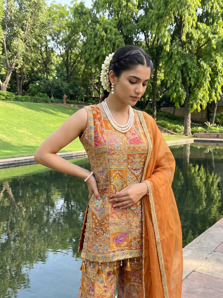 Multicolor Embroidered Short Kurta & Sharara Set with Organza Dupatta