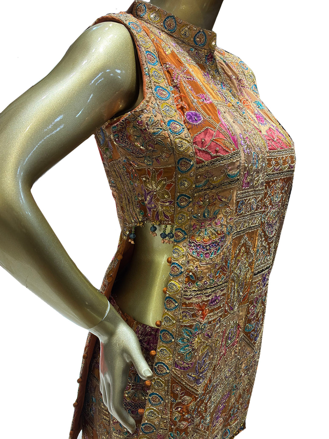 Multicolor Embroidered Short Kurta & Sharara Set with Organza Dupatta