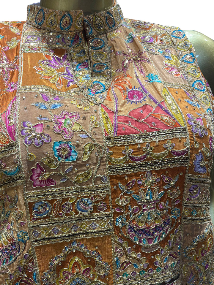 Multicolor Embroidered Short Kurta & Sharara Set with Organza Dupatta