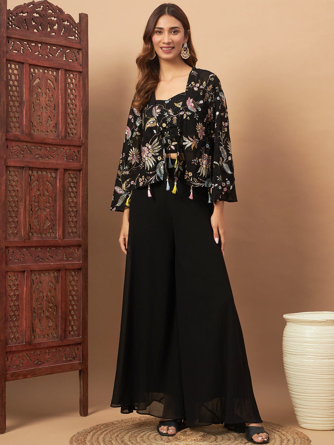 Chhabra 555 Thread & Sequence Embellished Georgette Indo-Western Set with Floral Embroidered Cape