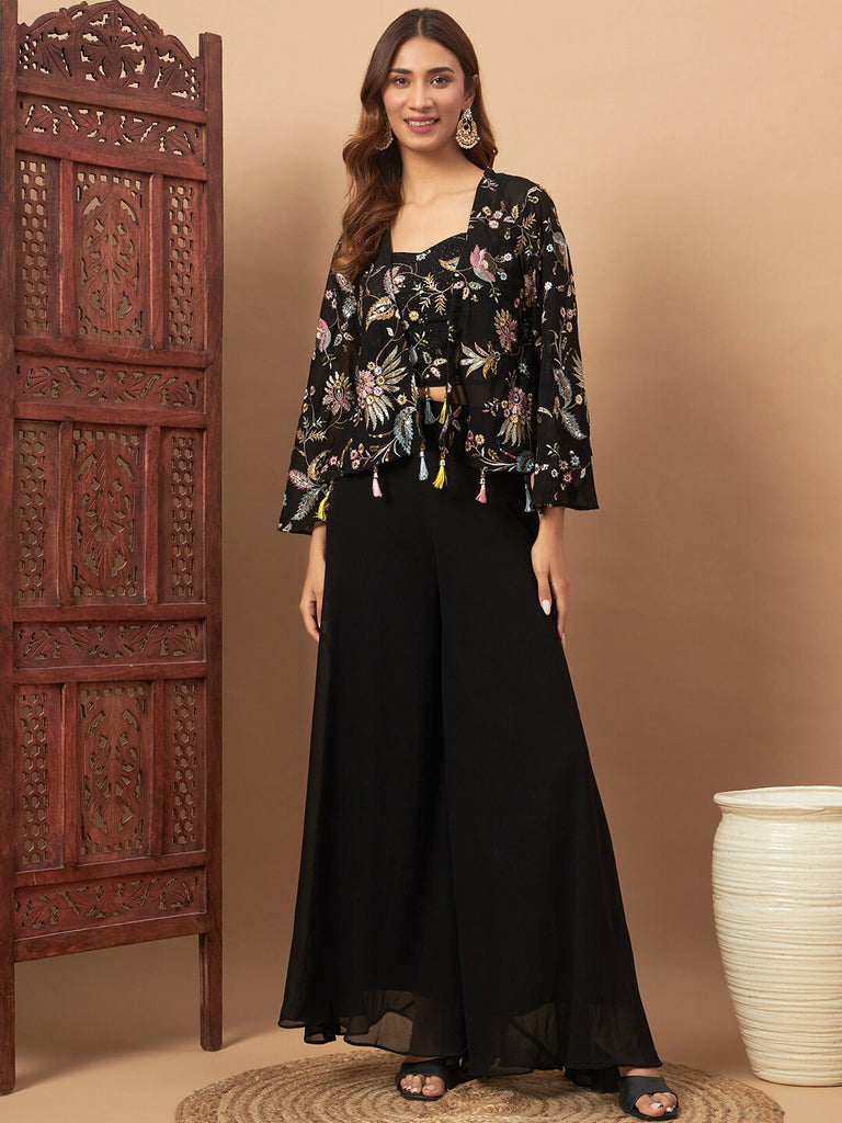 Pallazo Set with Mirror & Resham Embroidered Tasseled Jacket