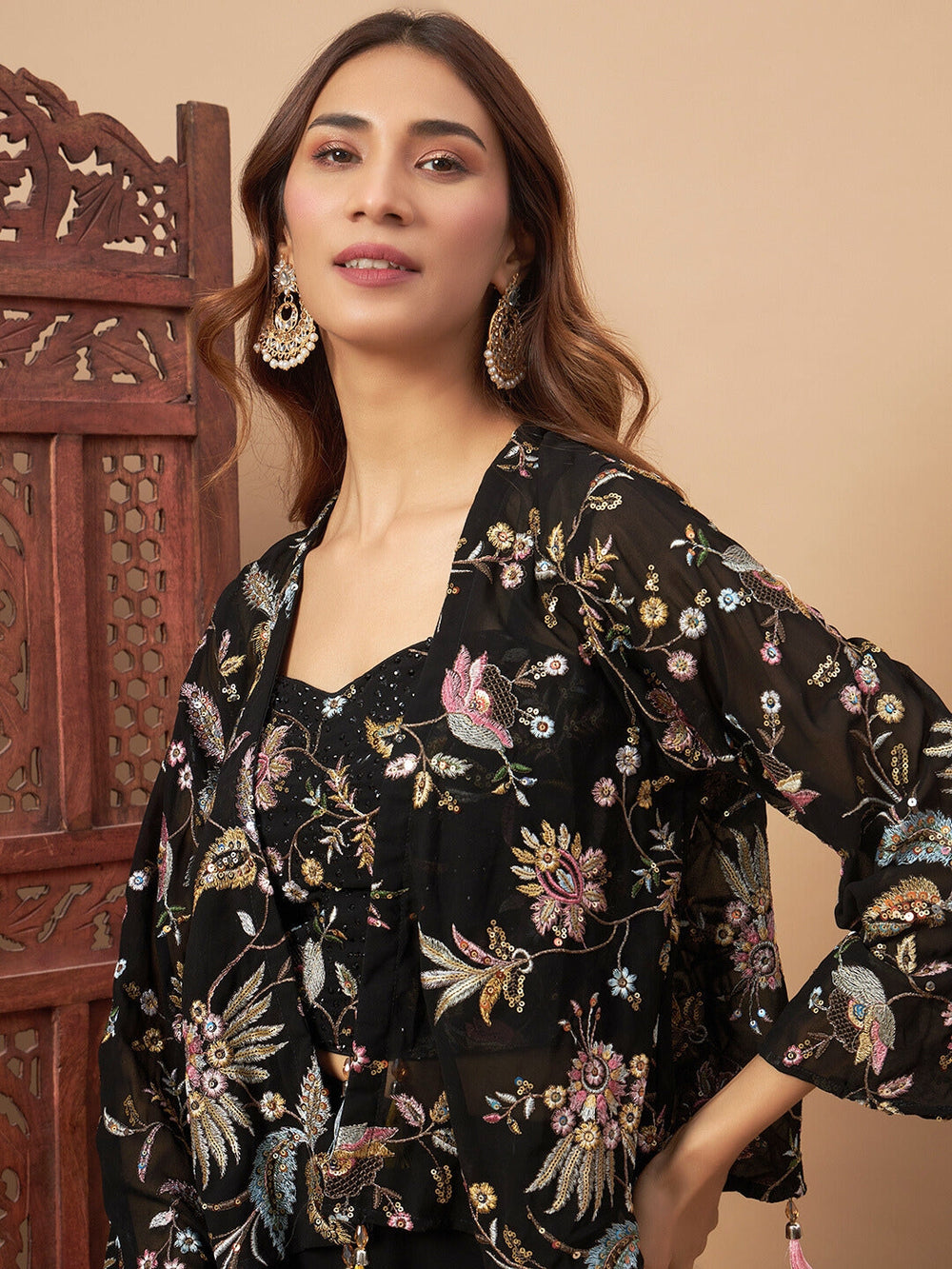 Chhabra 555 Thread & Sequence Embellished Georgette Indo-Western Set with Floral Embroidered Cape