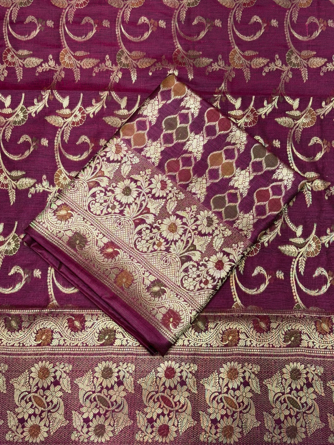 Zari Meenakari Weaving Banarasi Silk Dress Material with Intricate Floral Jhalar Dupatta