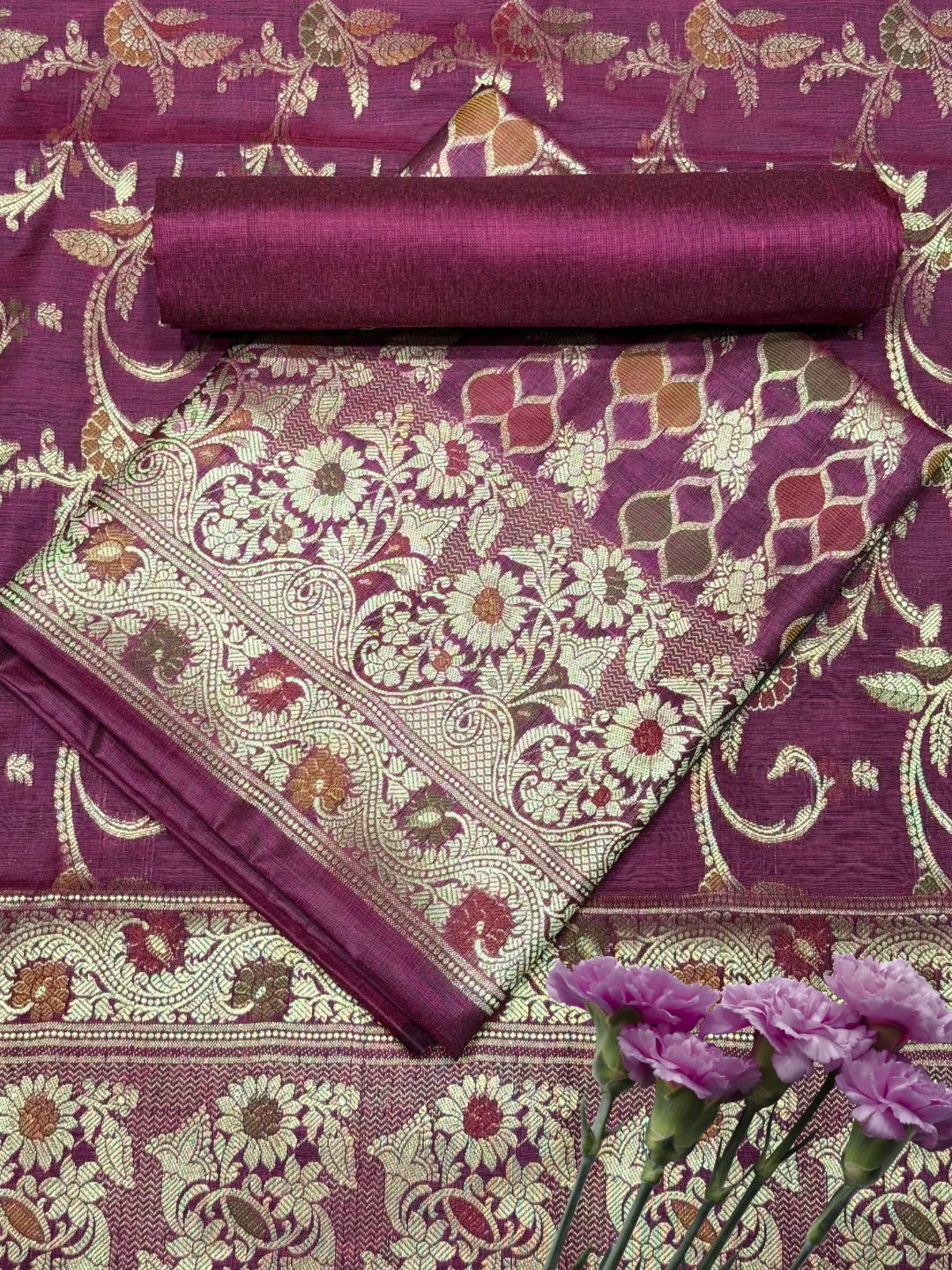 Zari Meenakari Weaving Banarasi Silk Dress Material with Intricate Floral Jhalar Dupatta