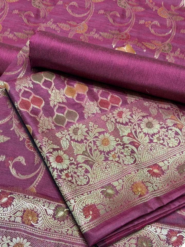 Zari Meenakari Weaving Banarasi Silk Dress Material with Intricate Floral Jhalar Dupatta