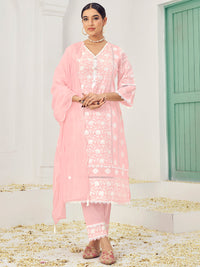 Chhabra 555 Thread Embroidered Chikankari Kurta Set with Scalloped Dupatta & Schiffli Laces
