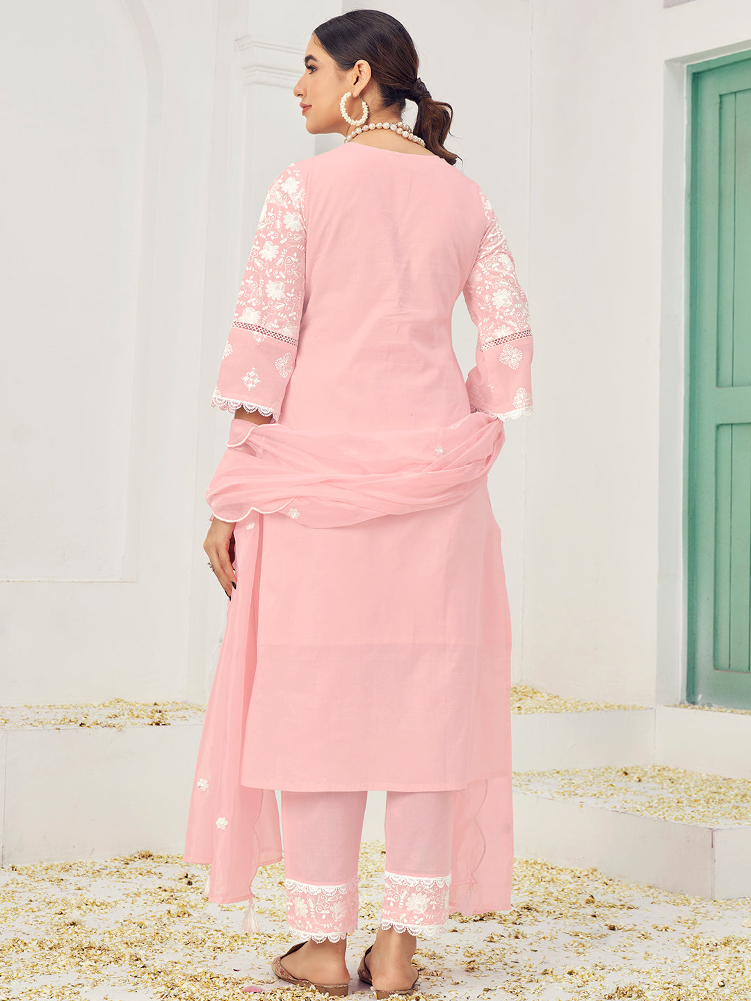 Thread Embroidered Chikankari Kurta Set with Scalloped Dupatta & Schiffli Laces