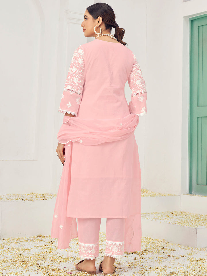 Thread Embroidered Chikankari Kurta Set with Scalloped Dupatta & Schiffli Laces