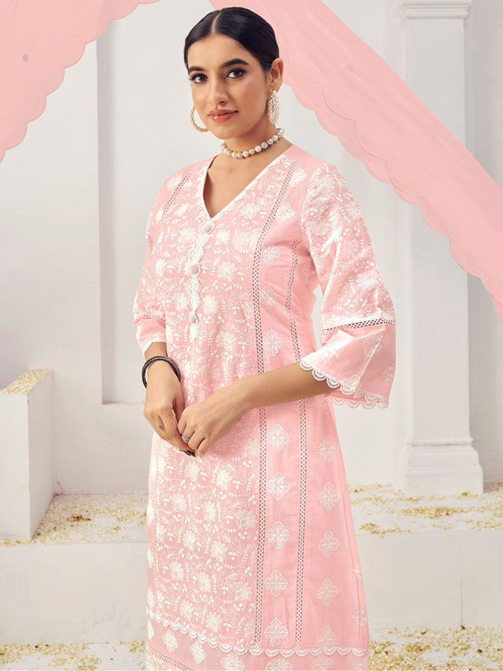 Thread Embroidered Chikankari Kurta Set with Scalloped Dupatta & Schiffli Laces