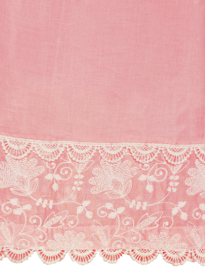 Thread Embroidered Chikankari Kurta Set with Scalloped Dupatta & Schiffli Laces