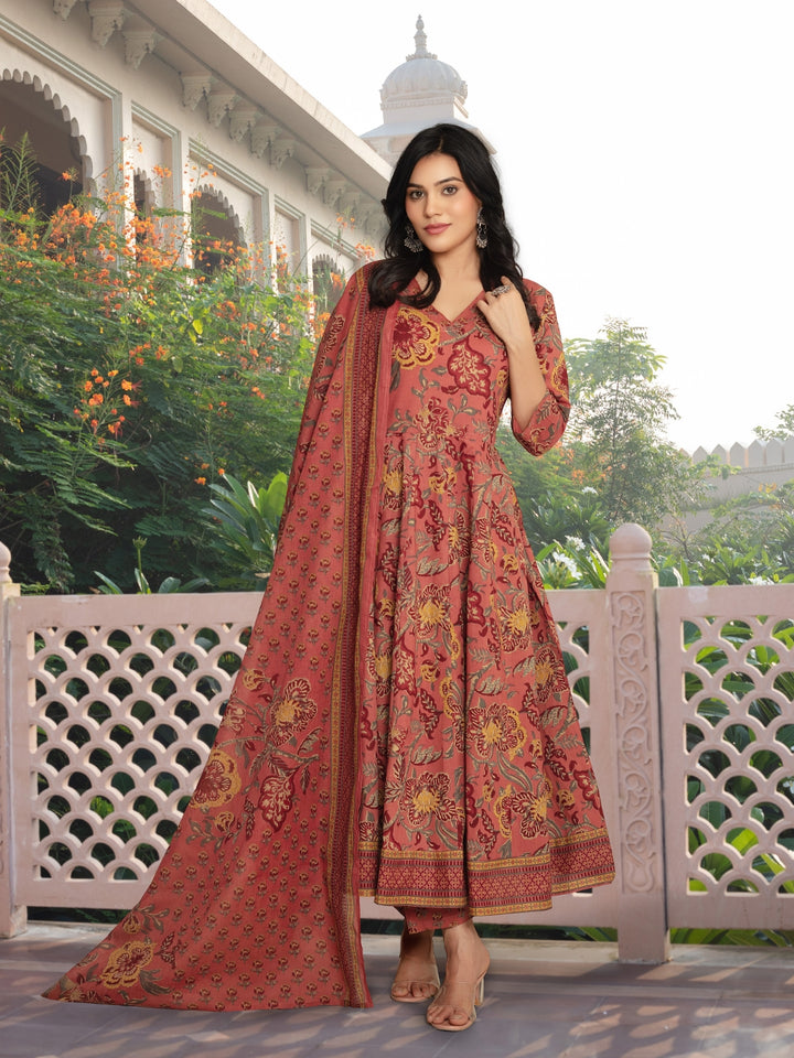 Floral Print Angrakha Summer Suit with Flared Hemline & Ajrak Print Dupatta