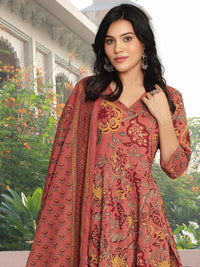 Floral Print Angrakha Summer Suit with Flared Hemline & Ajrak Print Dupatta