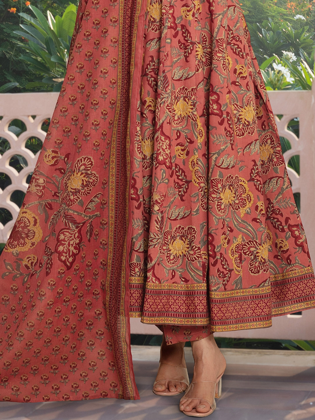 Floral Print Angrakha Summer Suit with Flared Hemline & Ajrak Print Dupatta