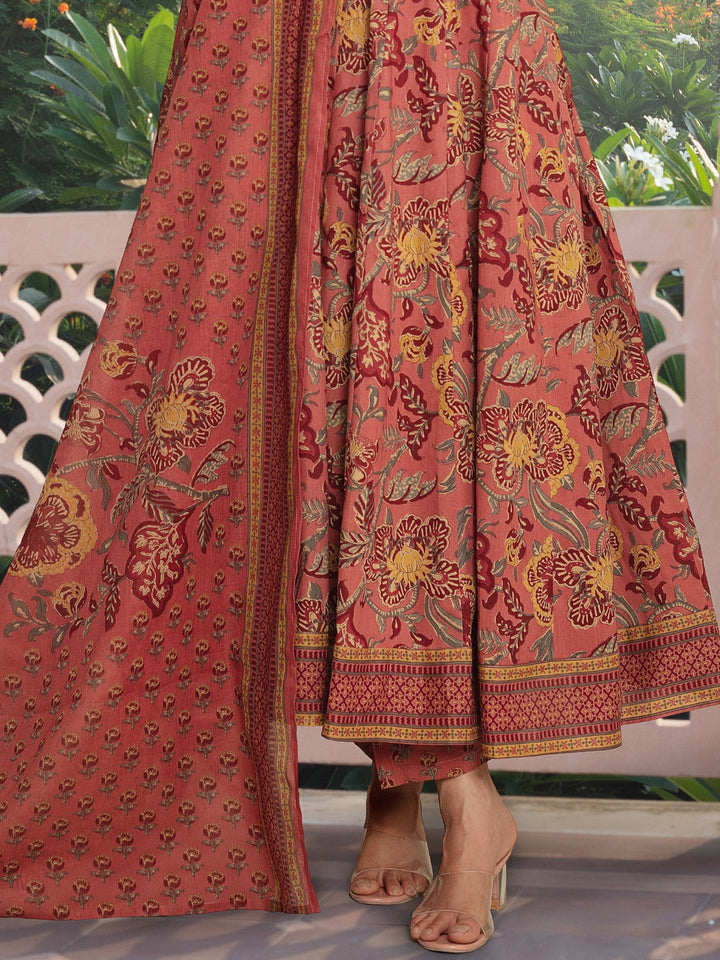 Floral Print Angrakha Summer Suit with Flared Hemline & Ajrak Print Dupatta