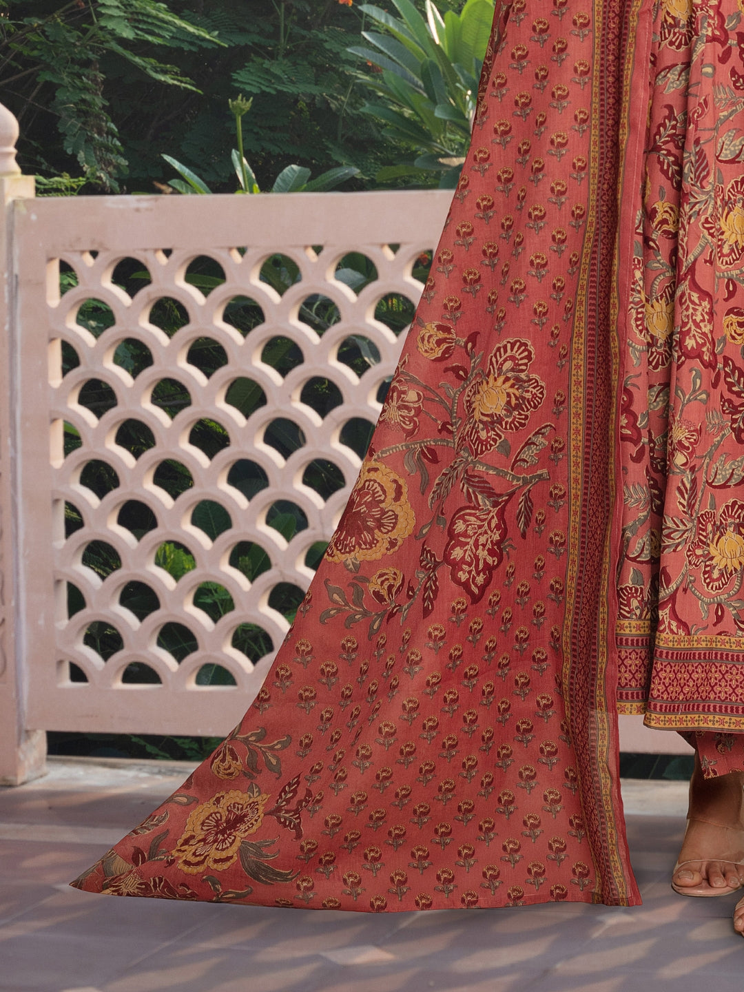Floral Print Angrakha Summer Suit with Flared Hemline & Ajrak Print Dupatta