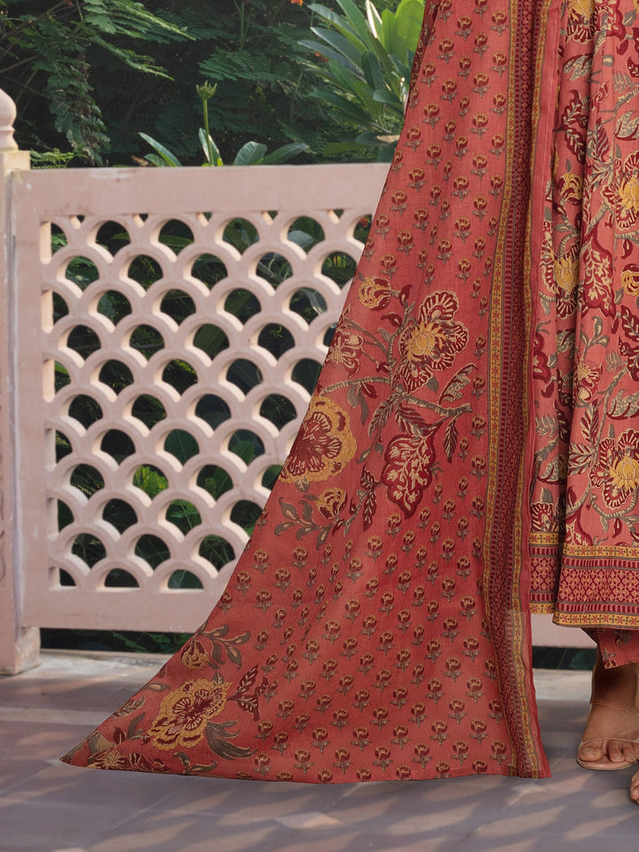 Floral Print Angrakha Summer Suit with Flared Hemline & Ajrak Print Dupatta