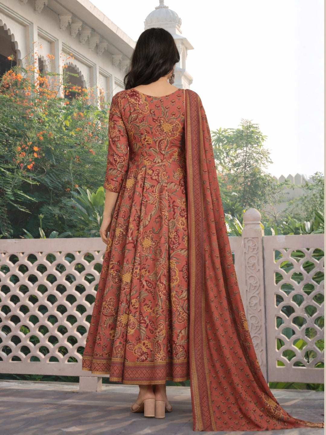 Floral Print Angrakha Summer Suit with Flared Hemline & Ajrak Print Dupatta