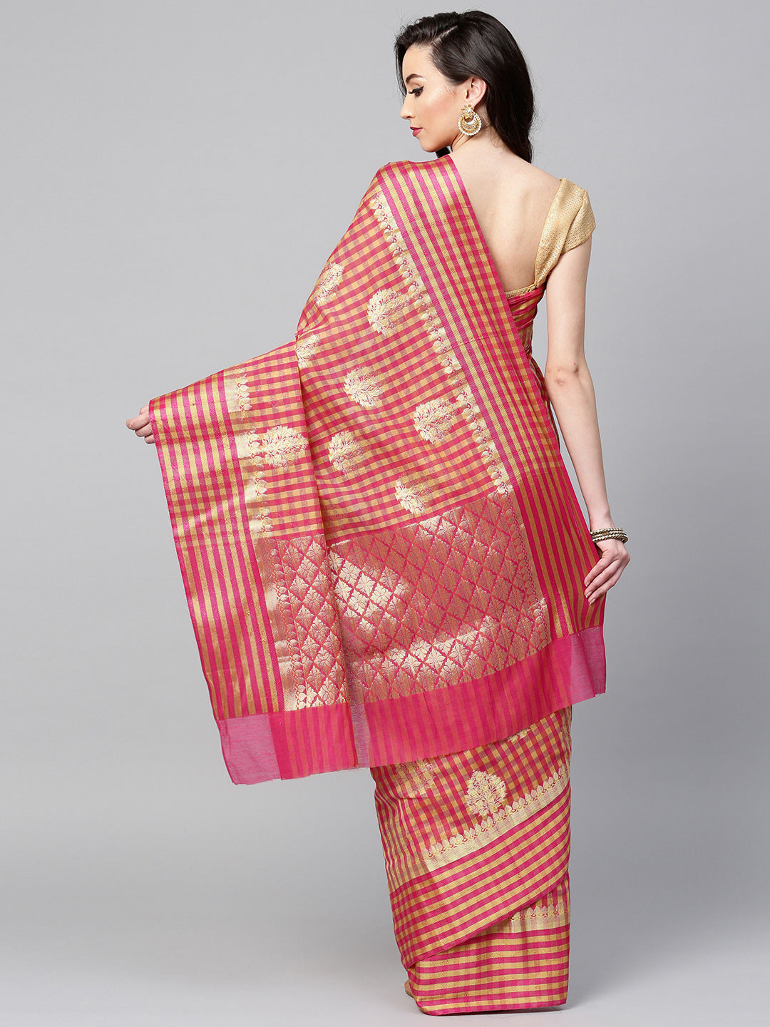 Pink Chanderi Silk saree with checkered print and Zari handloom motifs