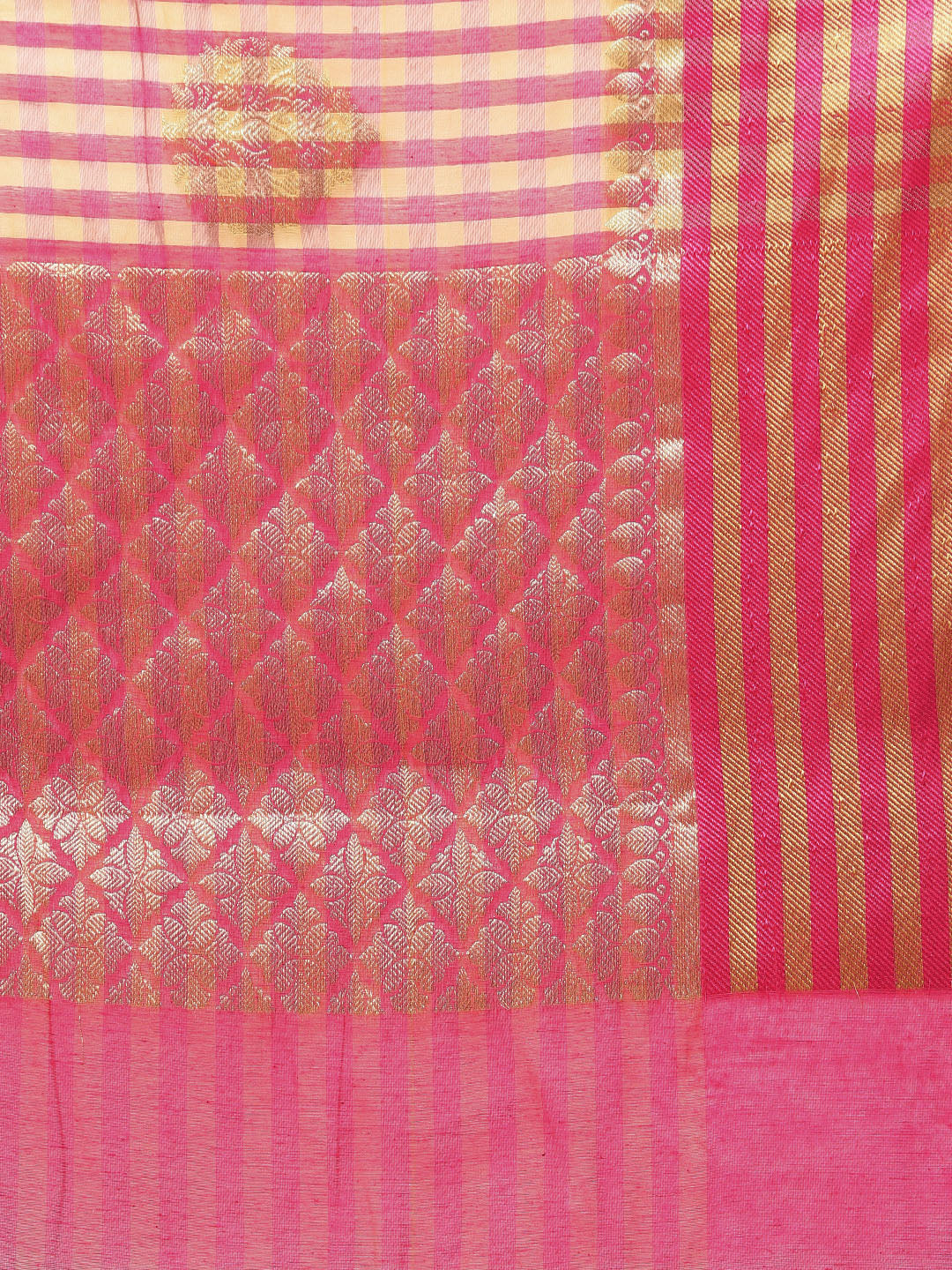 Pink Chanderi Silk saree with checkered print and Zari handloom motifs
