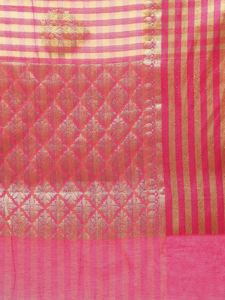 Pink Chanderi Silk saree with checkered print and Zari handloom motifs