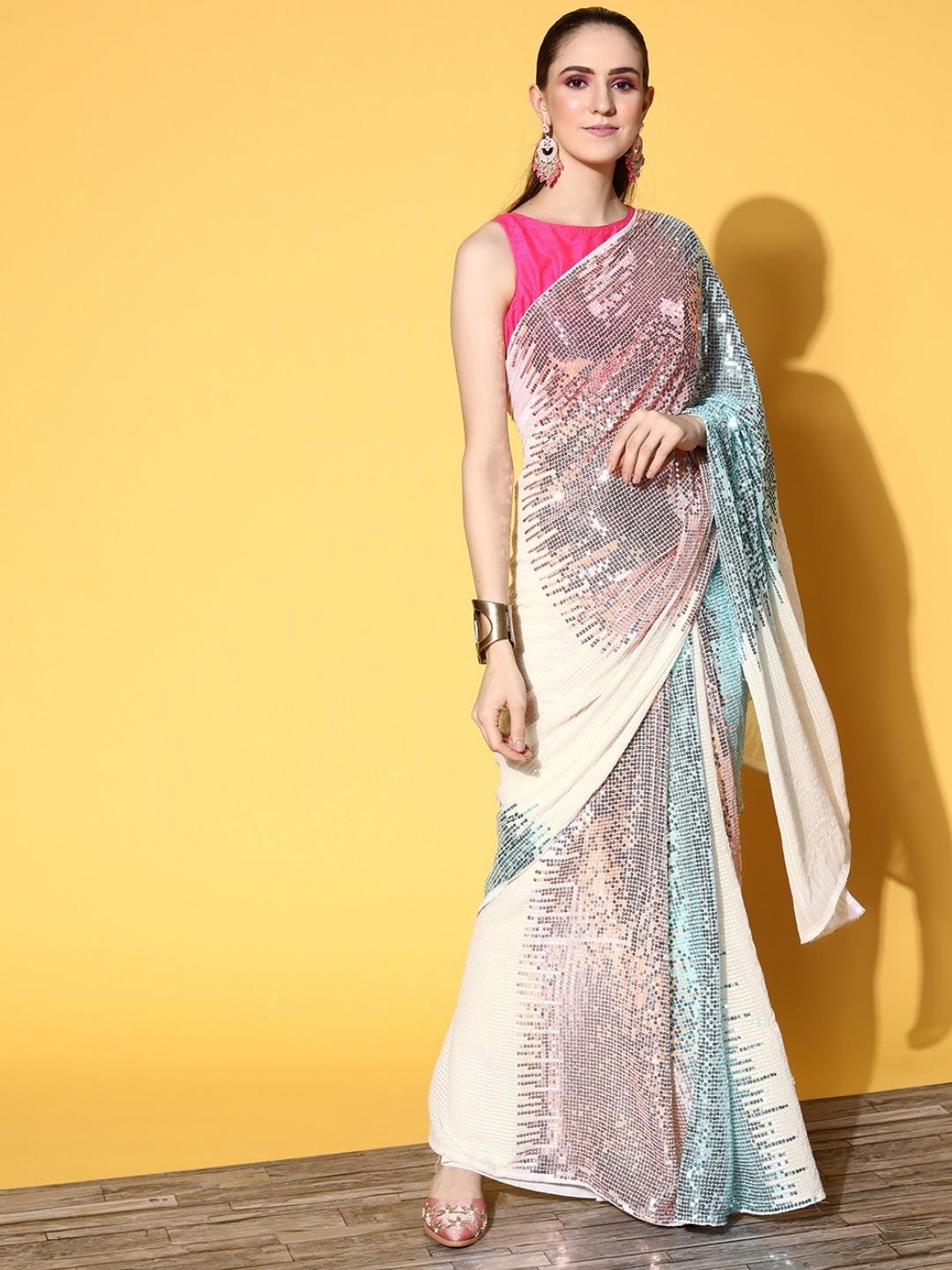 Off White Ombre Metallic Sequence Embellished Georgette Cocktail Saree