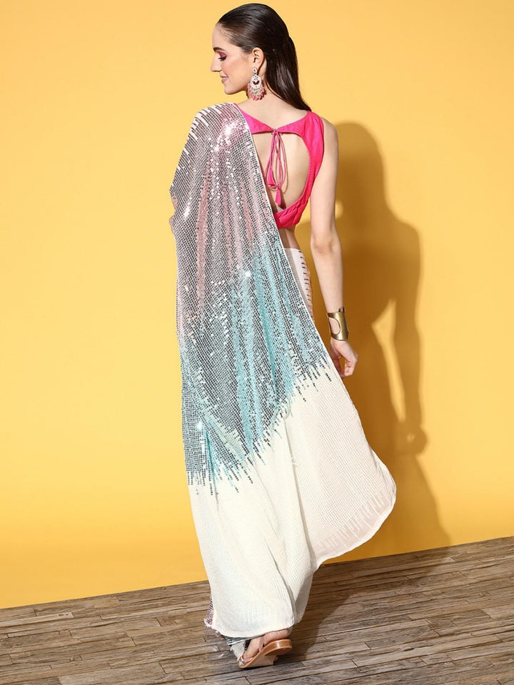 Off White Ombre Metallic Sequence Embellished Georgette Cocktail Saree