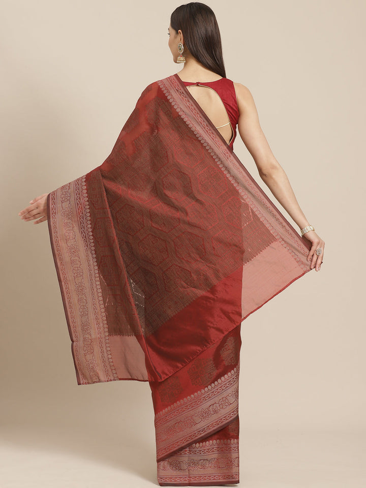 Maroon Banarasi Silk Self-Embossed Saree with Ethnic FLoral Motifs in Oxidised Zari