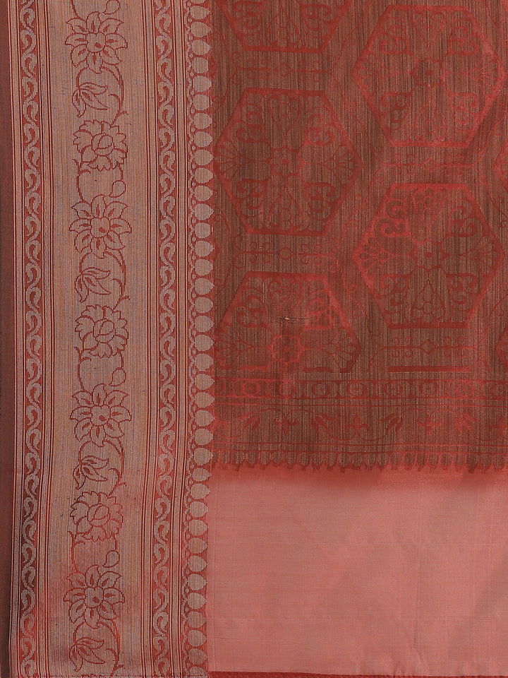 Maroon Banarasi Silk Self-Embossed Saree with Ethnic FLoral Motifs in Oxidised Zari