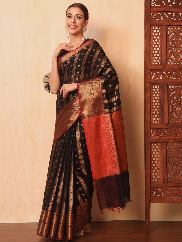 Black Banarasi Chanderi Saree with Striped Oxidised Zari Weaving