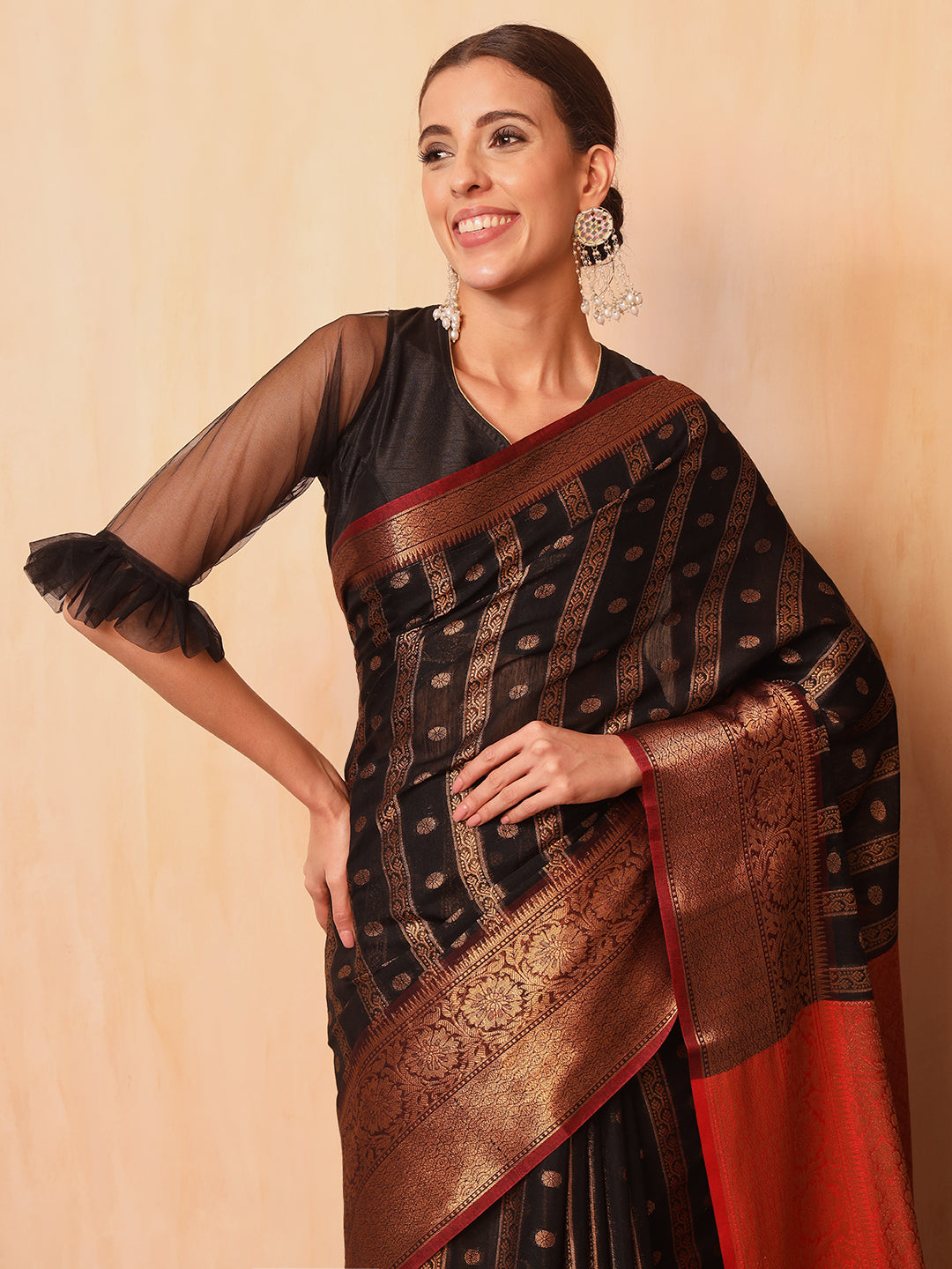 Black Banarasi Chanderi Saree with Striped Oxidised Zari Weaving