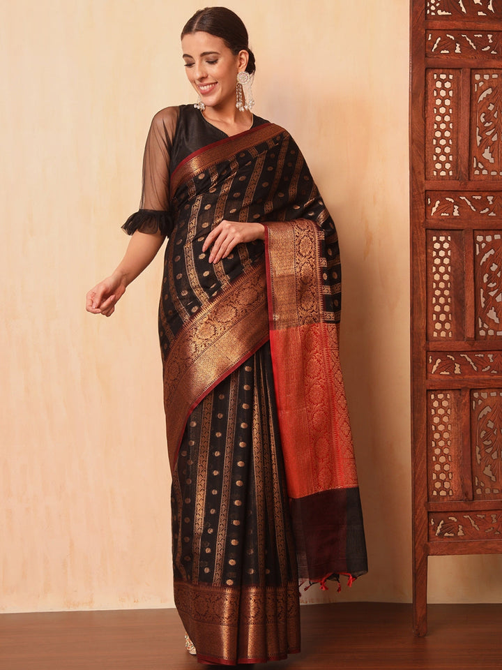 Black Banarasi Chanderi Saree with Striped Oxidised Zari Weaving
