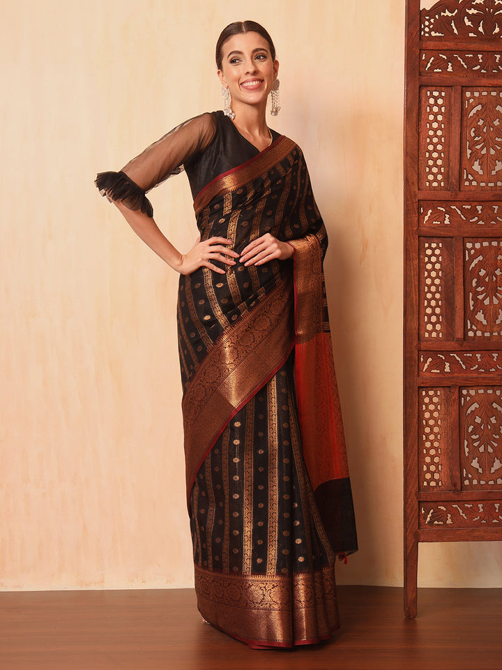 Black Banarasi Chanderi Saree with Striped Oxidised Zari Weaving