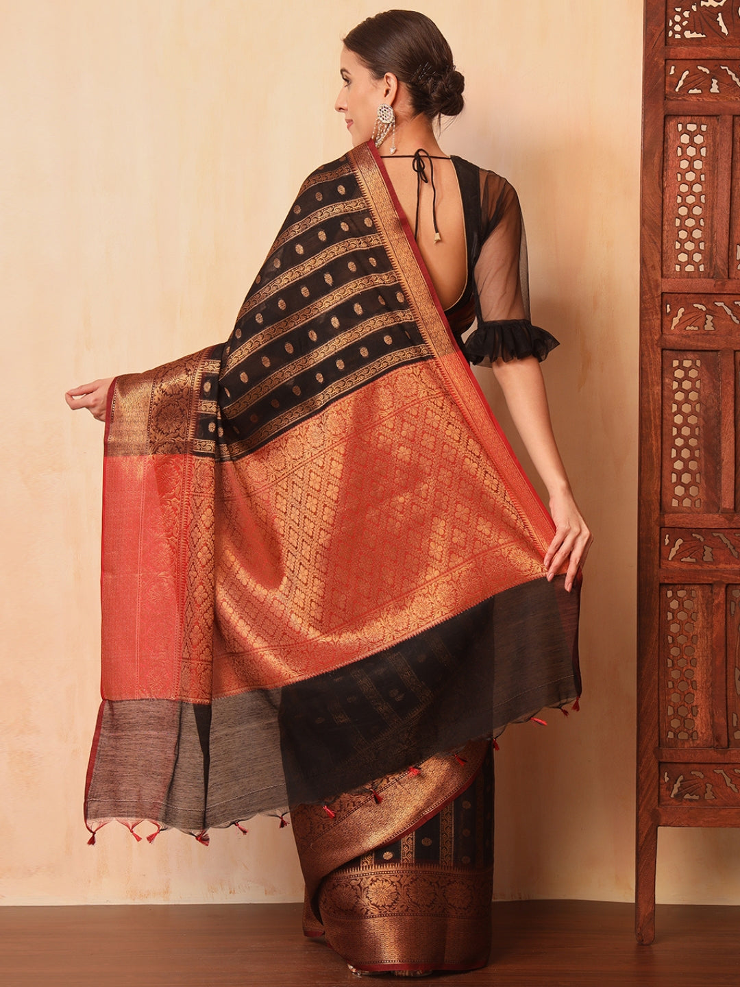 Black Banarasi Chanderi Saree with Striped Oxidised Zari Weaving